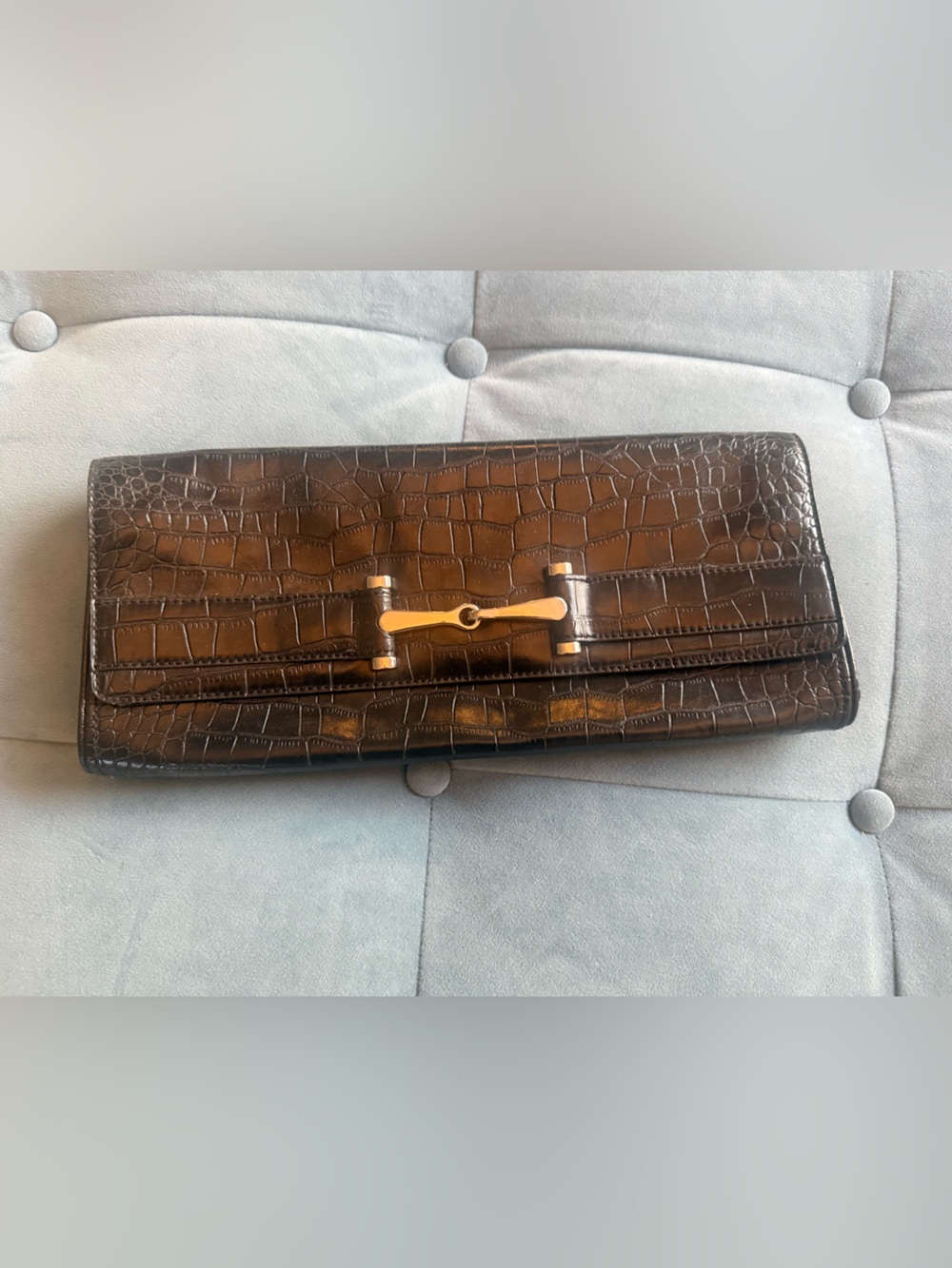 Black Croc-Embossed Leather Clutch with Gold Hardware from Ann Taylor